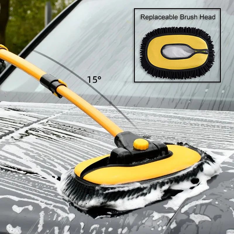 

15° Curved Rod Car Wash Mop Cleaning Brush for Car Long Handle Retractable Car Wash Tool Replaceable Brush Head Chenille Broom