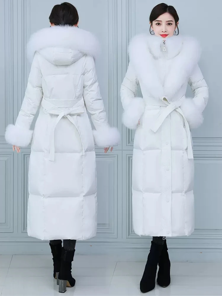 New Women Lengthened Fur Down Coat Winter Fashion Double Real Fox Fur Collar Hooded Belt Slim Thicken Warm Long Down Jacket