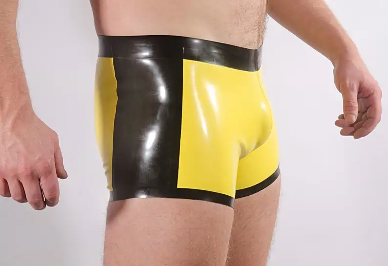 

latex bodysuit Rubber Men's SHORTS, short leg, contrast colour side panel, waistband and edge trim, 0.5mm medium weight latex