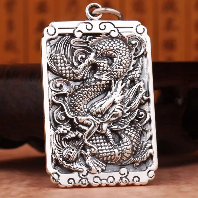 

National Style Domineering Dragon Totem Silver Color Square Pendant Necklace Personality Men's Retro Hip-Hop Punk Amulet Jewelry