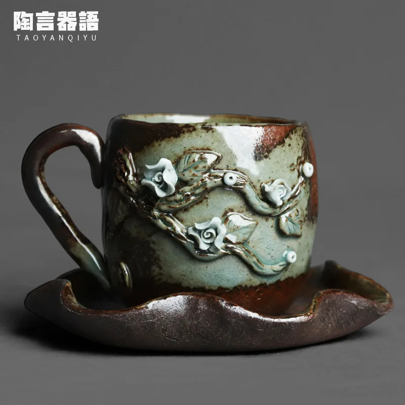 

Wood burning fire marks glaze relief petal handle coffee tea cup lotus leaf shape coaster kung fu tea ceremony milk drinking wat