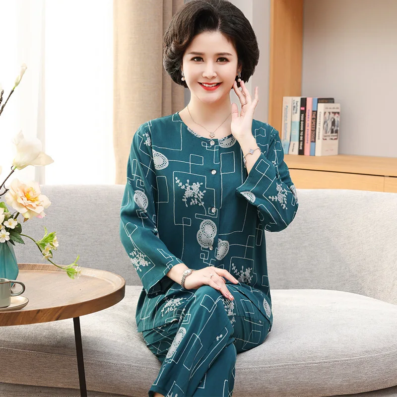 Fdfklak Women's Home Wear Long Sleeve Trousers Suit Printing Fashion Pyjamas Set 100% Viscose Middle-Aged New Sleepwear