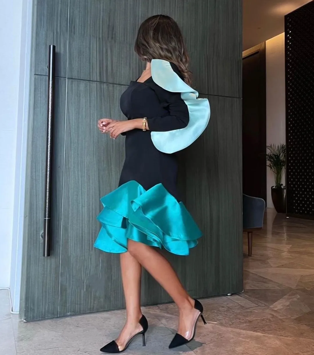 Фото Fashionvane платья для выпускного вечера с вырезом по индивидуальному заказу, черное вечернее платье цвета сращивания, коктейльное вечернее платье для ночного клуба, женские платья с длинными рукавами №2