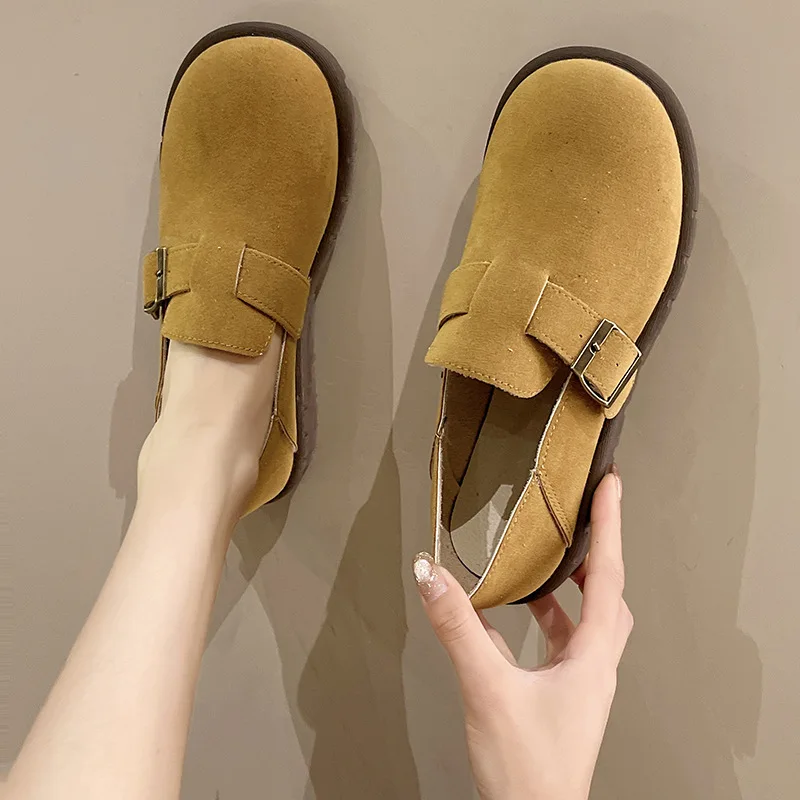 

Women Faux leather frosted Cow Suede Flat Head Baotou Couple Thick Flat Bottom Muller Half Slippers Casual Men Slides Shoes