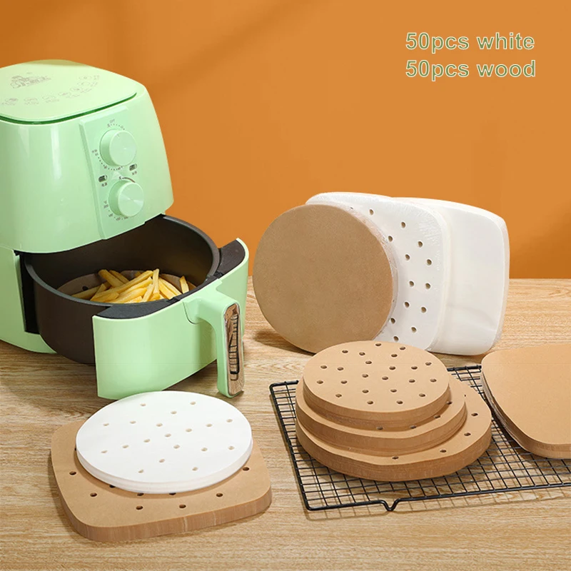 

50pcs White and 50pcs Wood Air Fryer Steamer Liners Premium Wood Pulp Papers Non-Stick Steamer Basket Mat Baking Utensils