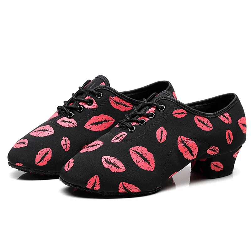 SUN LISA Women's Lady's Girl's Red Lips Indoor Oxford Leather Sole Chunky Heel Sneaker Ballroom Modern Salsa Latin Dance Shoes