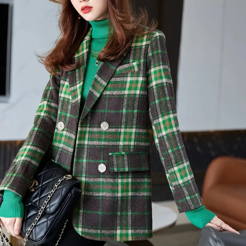 Plaid Woolen Suit Women Coat Autumn Winter 2023 New Korean Medium Long Sleeve Blazers Woman Jacket Casual Ladies Blazer Tops E20