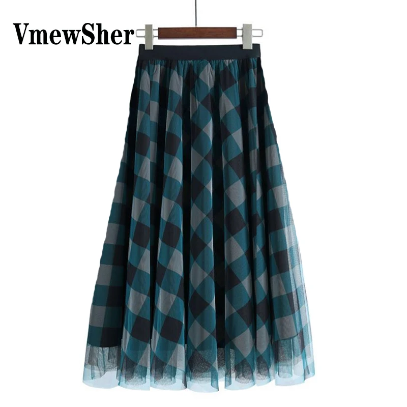 

VmewSher Retro Spring Summer Mesh Mid-calf Length Skirt Women Dark Green Plaid Mesh High Waist Net Yarn Vintage Fashion 2023