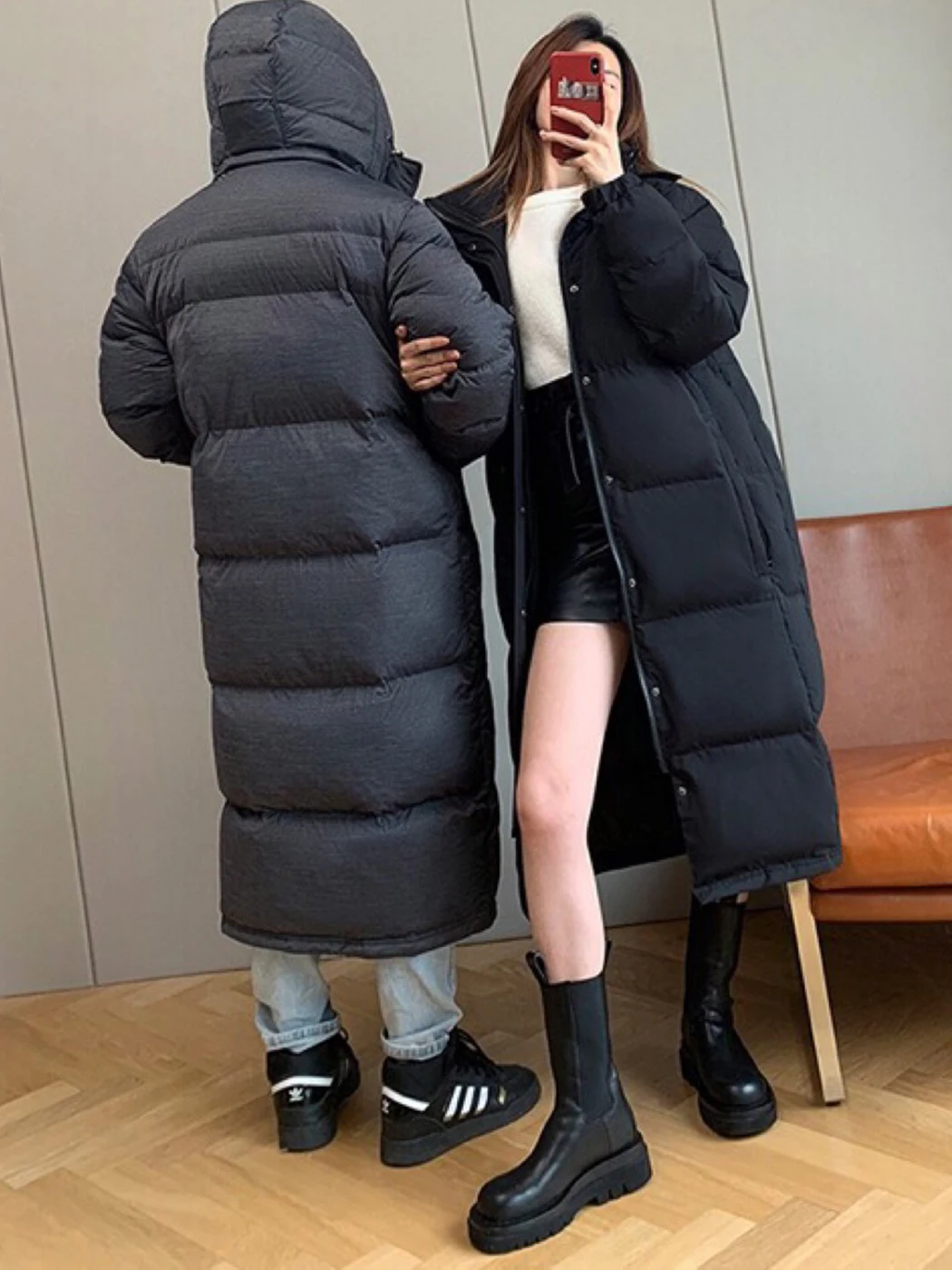

Heavy Long Warm Coats Parkas Women Simple Solid Color Hooded Knee Mid-length Black Coat Casual Zipper Fluffy Cotton Jacket