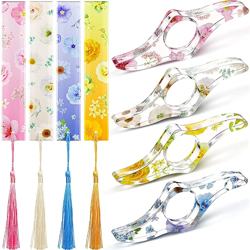 

8 Pcs Acrylic Dried Flower Resin Thumb Book Holder-Handmade Resin Holders Light Weight Book Opener Bookmarks
