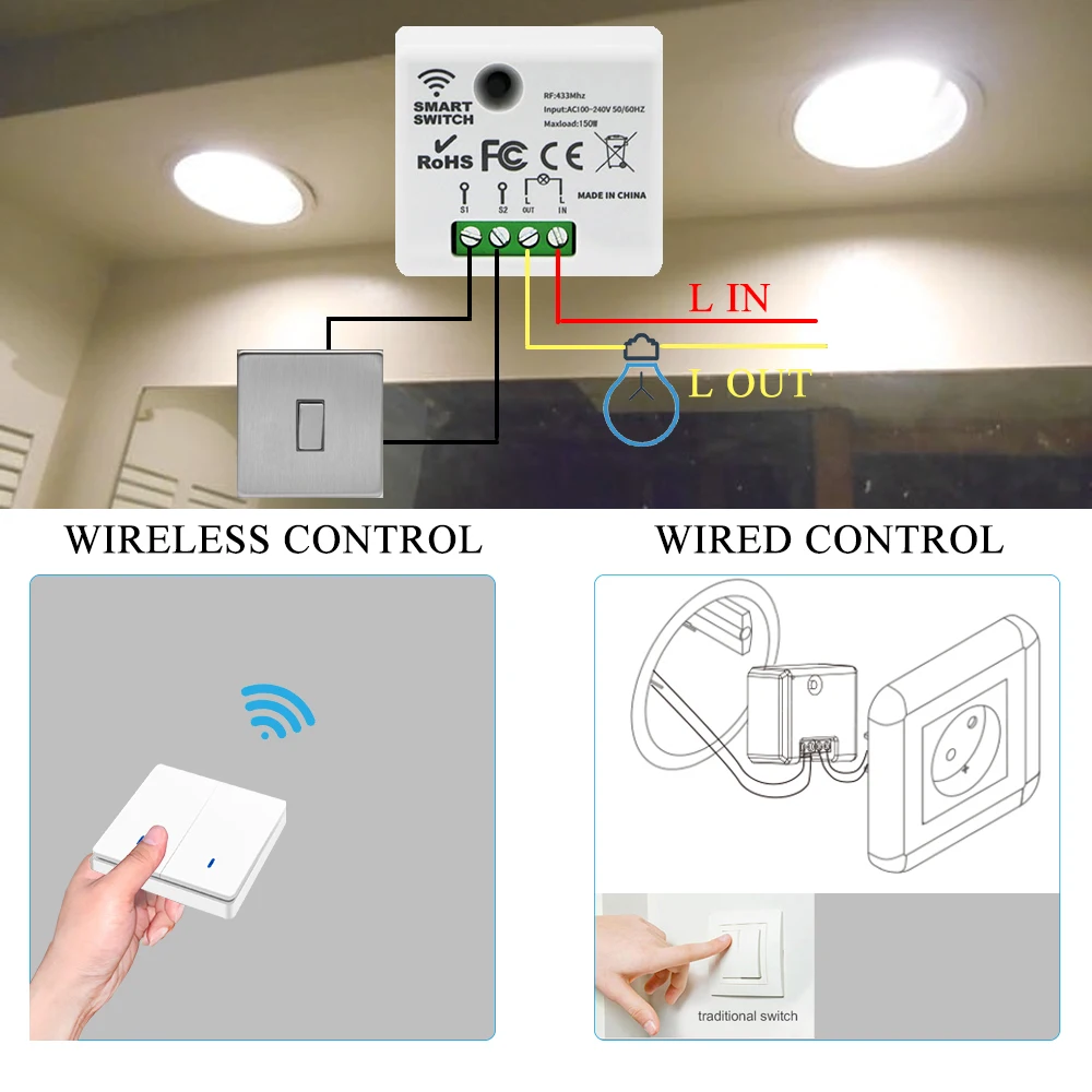 Mini Smart Switch Without Neutral 433MHz Remote Control Light Rf Wireless Wall 220V 130W Relay Module for Lamp Fan | Обустройство