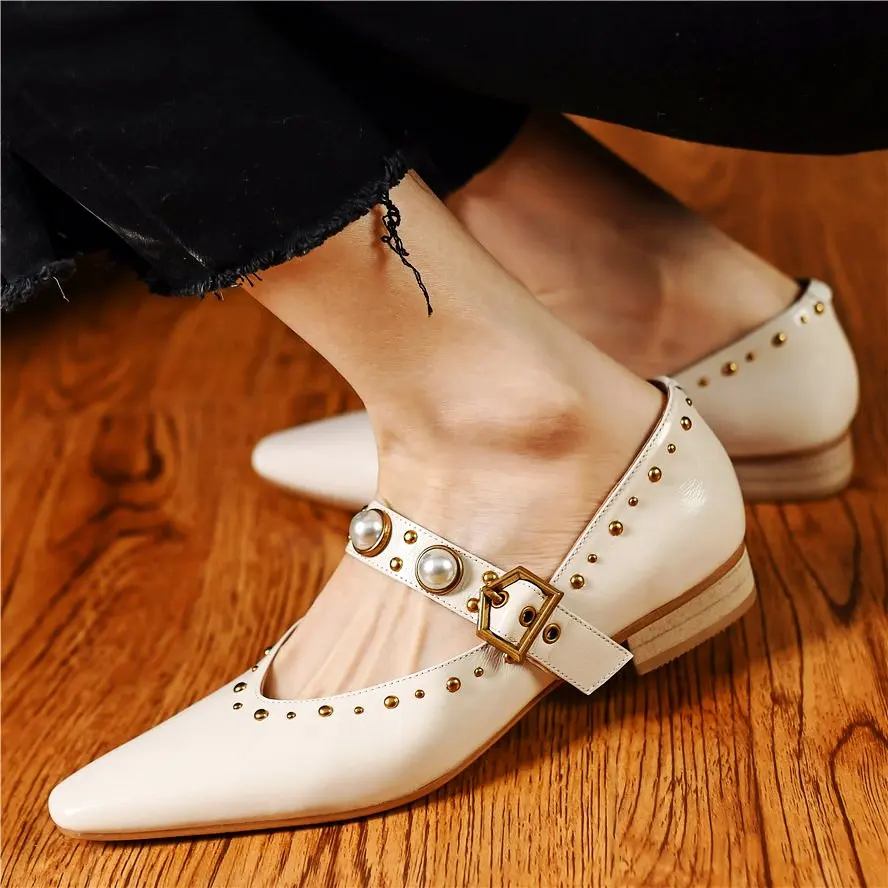 Elegant Soft Loafer Women's Genuine Leather Ballet Flats Rivets Buckle Pearls Oxfords Casual Shallow Ankle Boots Casual Punk