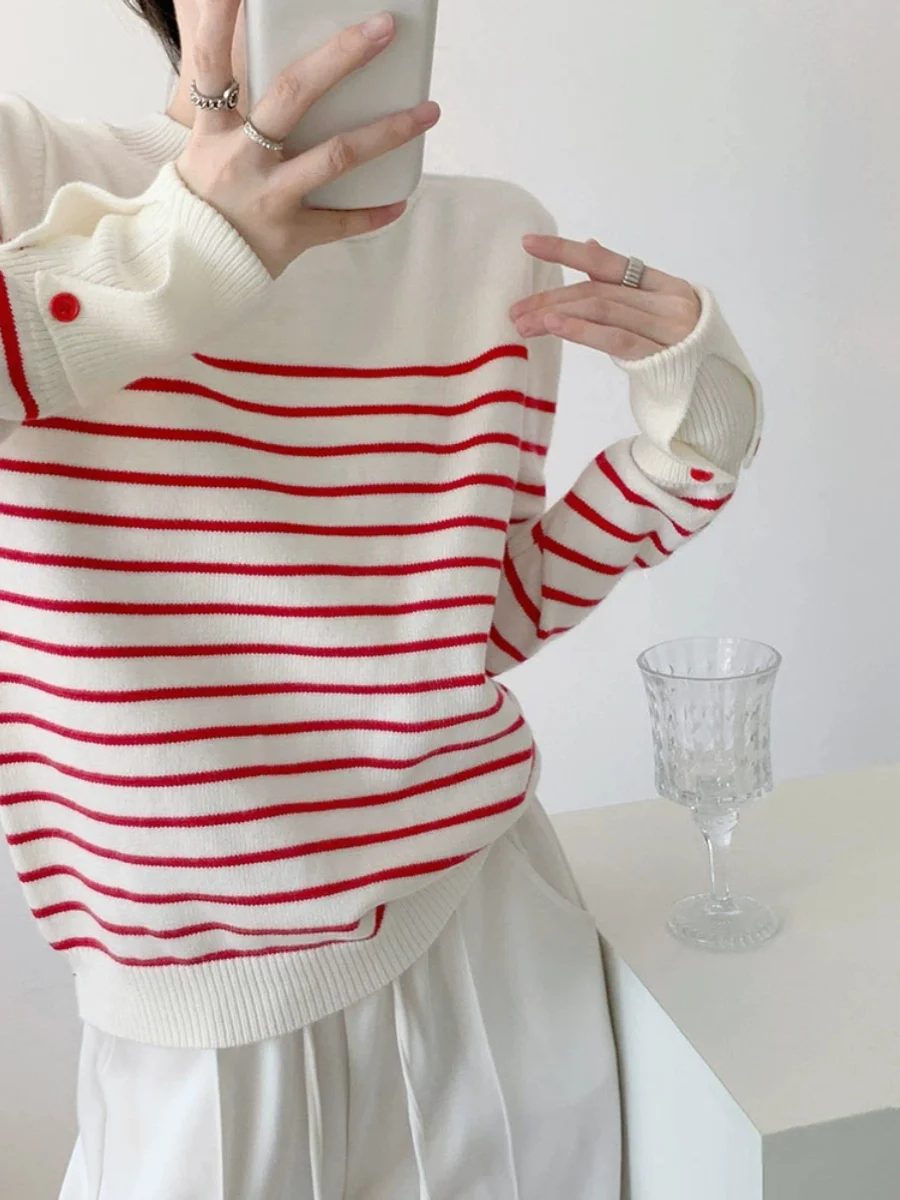 Пуловер в полоску контрастного цвета женский осенне-зимний свитер с круглым