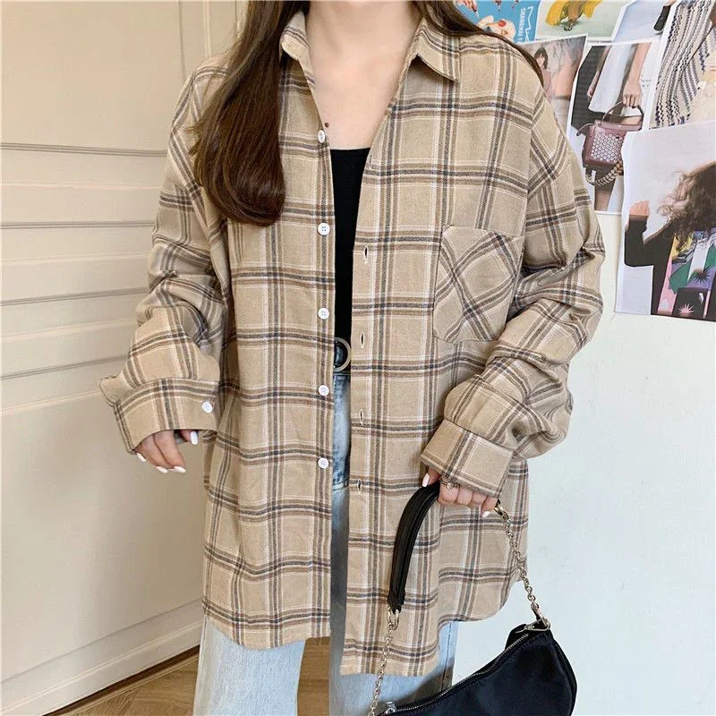 Классическая клетчатая рубашка Женская Весенняя оверсайз с длинным рукавом и