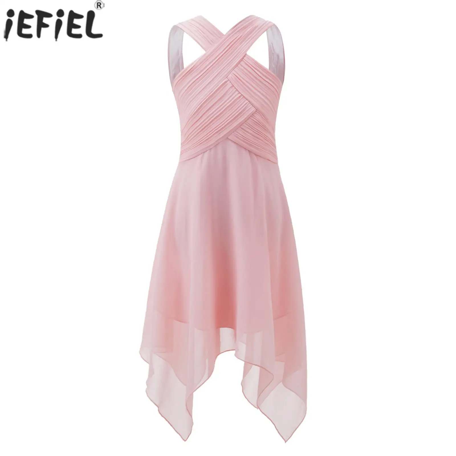 

Kids Girls Elegant Formal Party Evening Wedding Dresses Summer Sleeveless Ruched Bodice Asymmetrical Hem Chiffon Princess Dress