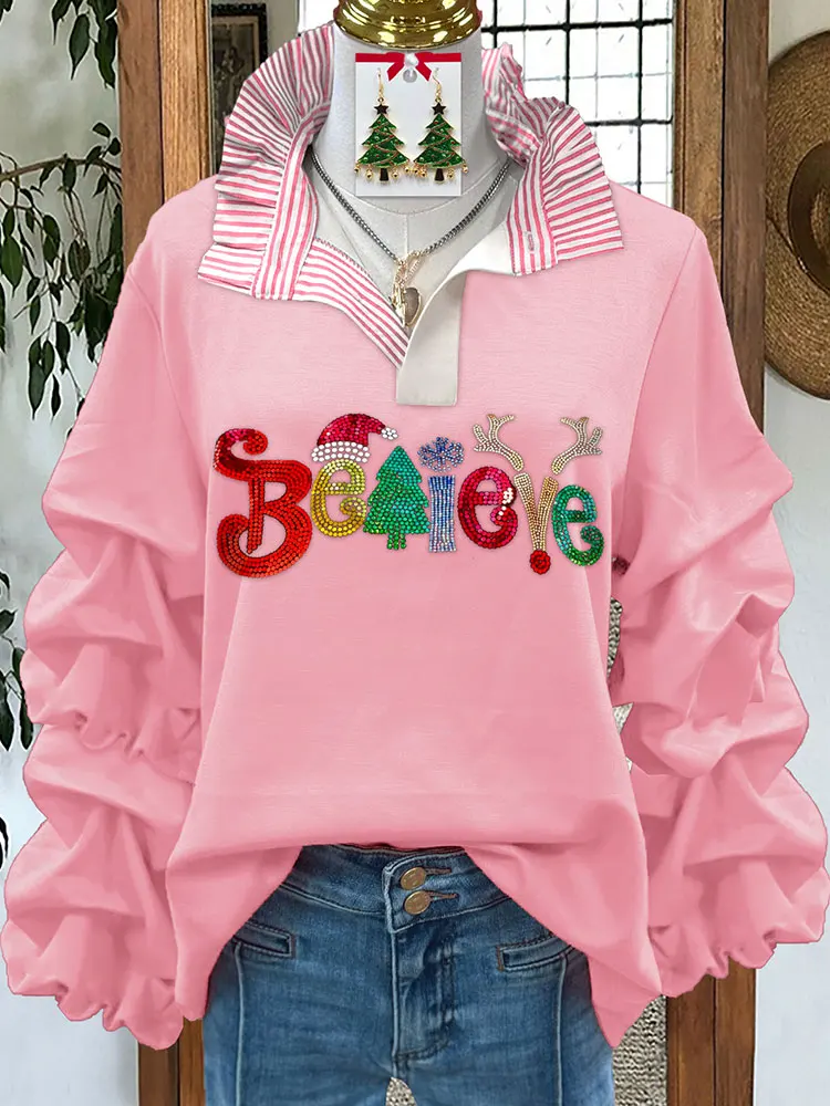 Sweet Christmas Sequin Pleated Top Women's Sweatshirt