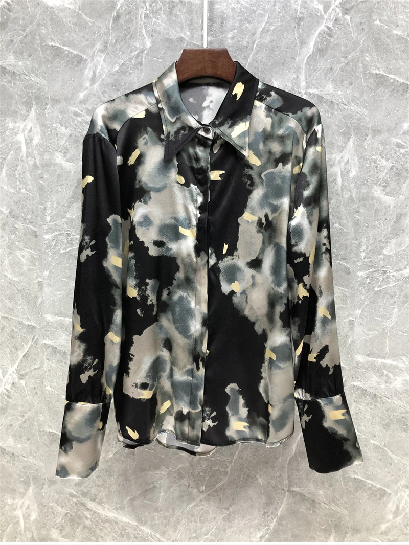 Tops Fashion Silk Blouses 2023 Spring Summer Style Women Turn-down Collar Gradient Color Print Long Sleeve Casual Shirt Vintage
