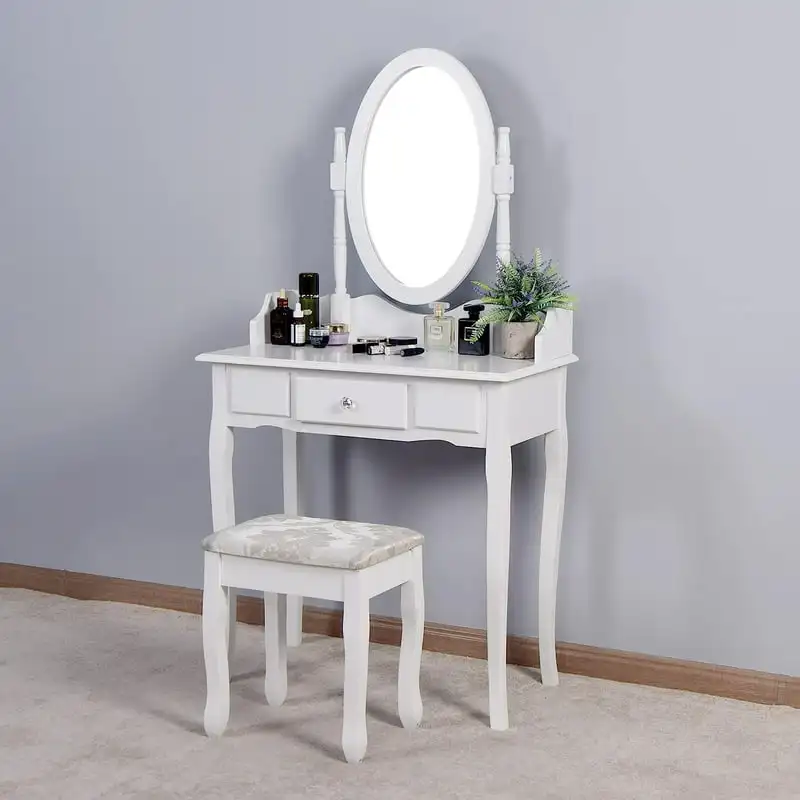 

Набор для макияжа с зеркалом, белый столик с ящиками и табуретом, маленький деревянный туалетный столик для спальни