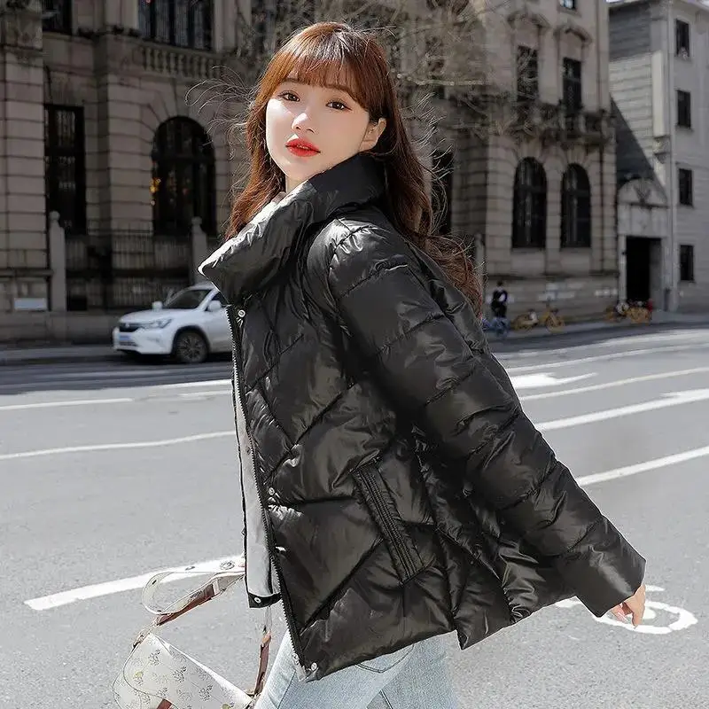 2022 Autumn Winter Bright Face Padded Jackets Women Short Coat Loose Stand-Up Collar Fashion New Black Down Cotton Jacket Female