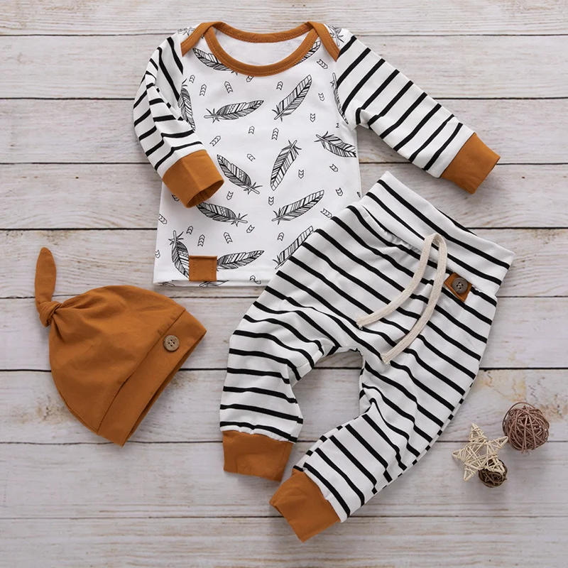 

Baby Boy All Feather Printing Long Sleeves and Long Pants Wiht Hat Cotton 3 Piece Set Kids Clothing Ins Caual Hot Sale