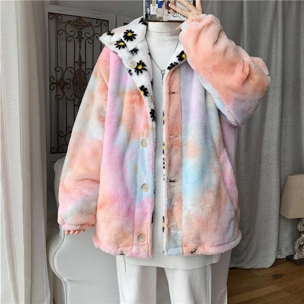Rainbow Jacket Double-sided Wear for Men / Women Couples Printed Windmill Winter Flowers Lambs Wool Jacket Gradient Youth Jacket