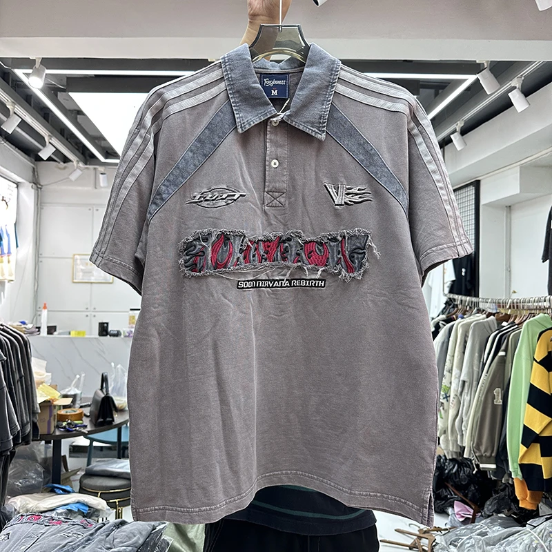 

2023 Washed Embroidery Letters Damaged T-Shirt Men Women Oversized T Shirt Tops Tee Gym