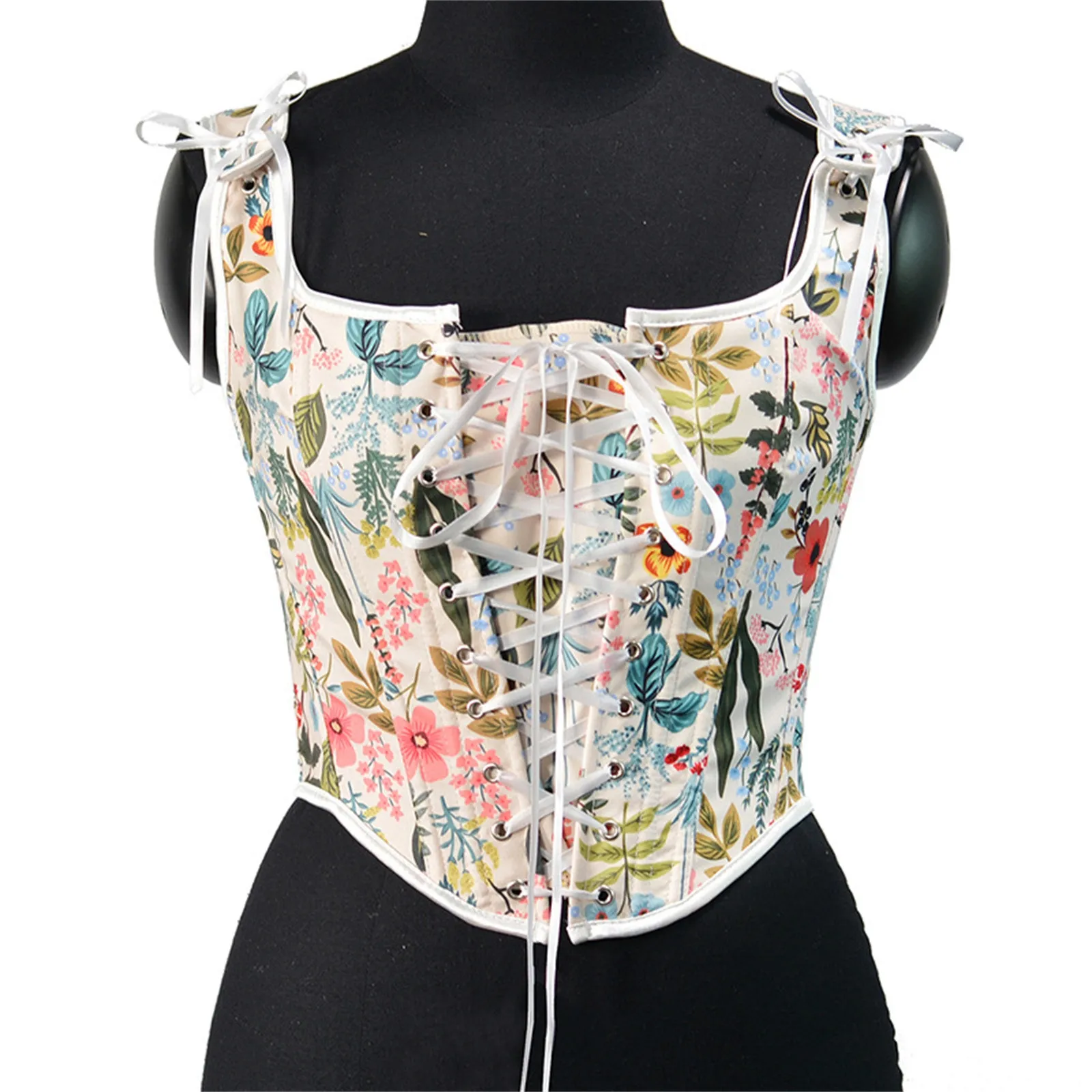 

Tie Up Bandage Floral Corset Women Lace-up Sexy Crop Top Summer Sleeveless Boning Bustier Casual Tank Top