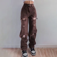 2022 spring and autumn personality ripped high waist loose womens jeans thin straight neutral pants denim cotton womens pants
