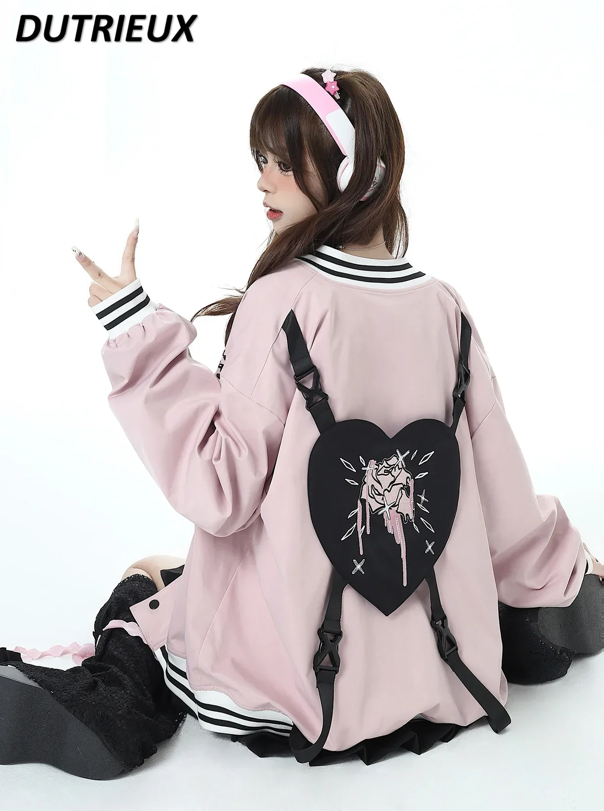 

Embroidered Minority All-Match Black Pink Baseball Uniform Coat Autumn College Style Single-Breasted Long Sleeve Sweatshirt