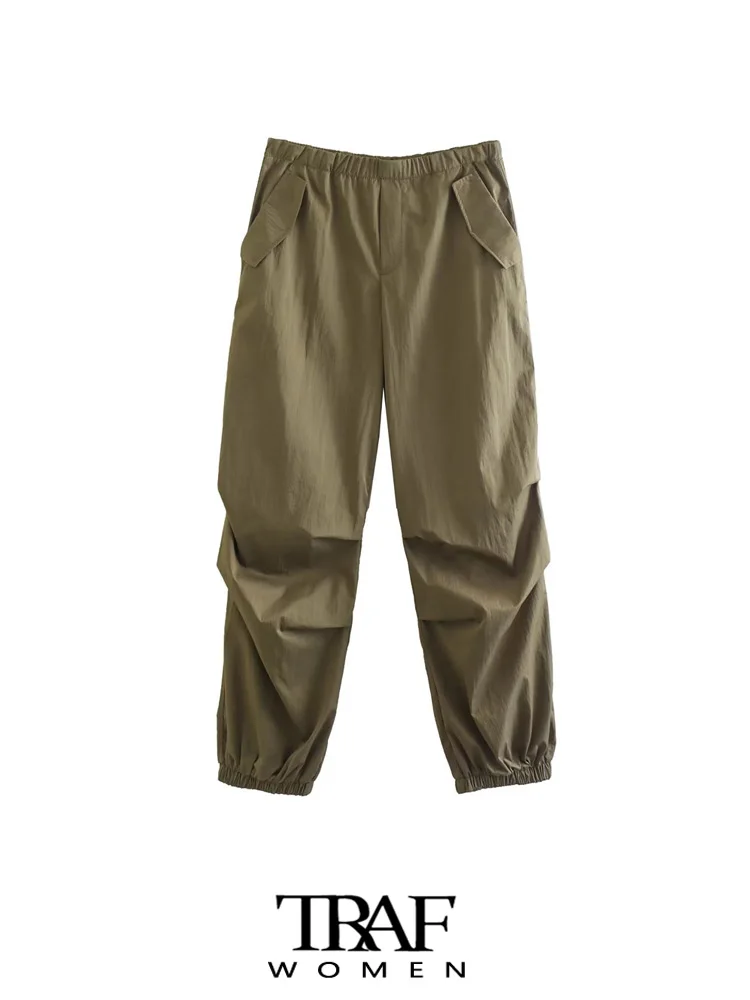 

TRAF Women Fashion Side Pockets Pleats Knee Jogging Pants High Waist With Elastic Waist Female Trousers Mujer