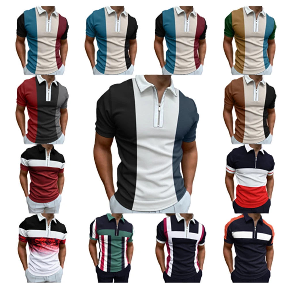 

Summer Stripe Splicing Print Golf Polos T-shirt For Men Slim Fit Zipper Lapel Short Sleeve Casual Fitting Polo Tshirt PLS-88