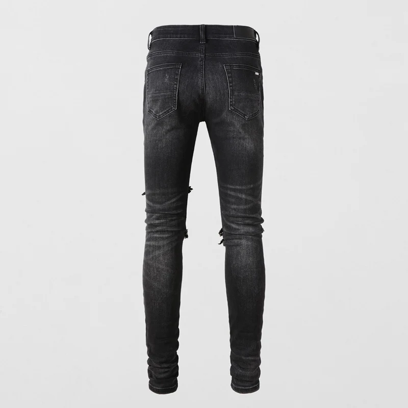 Fashion Streetwear Men Jeans Retro Black Gray Stretch Slim Fit Hole Ripped Jeans Men Patched Designer Hip Hop Brand Pants Hombre