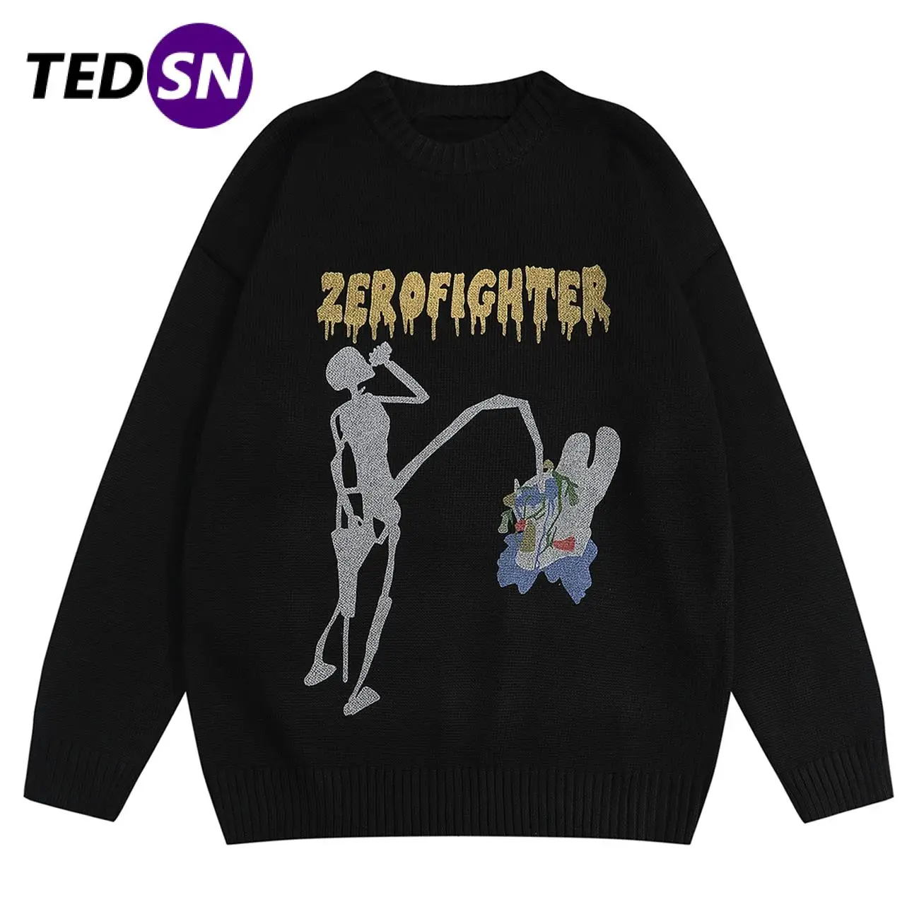 

TEDSN 2022 Autumn Winter Casual Tops Skeleton Print Knit Soft Sweater Men Women Streetwear Harajuku Fashion Pullover Clothes