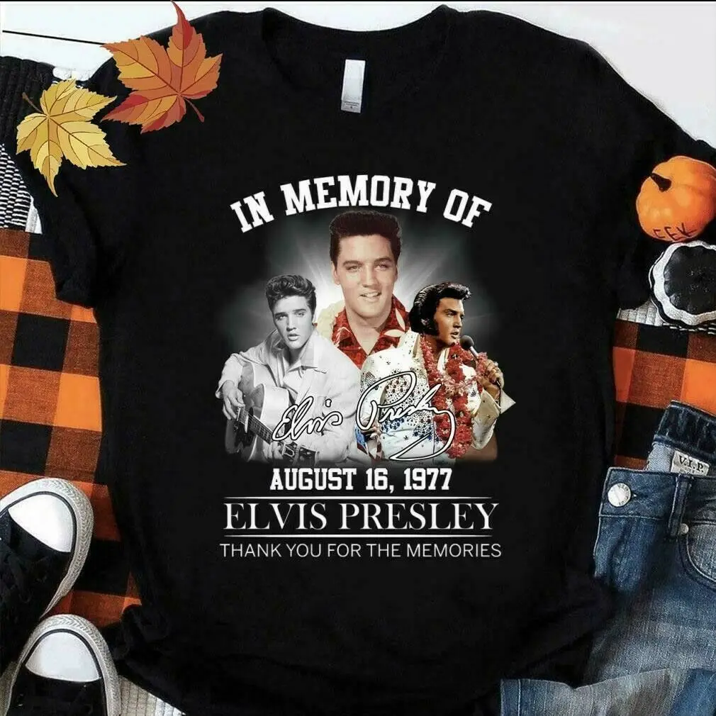 

Elvis Presley In Memory Of August 16 1977 Signature Black men All size T-shirt