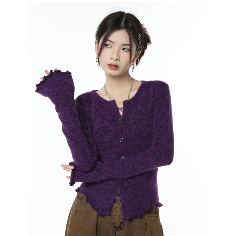 Women Purple Cardigan Sweater Short Outerwear Round Neck Fashion Vintage Leisure Lazy Winter Knitting Single Breasting Coat