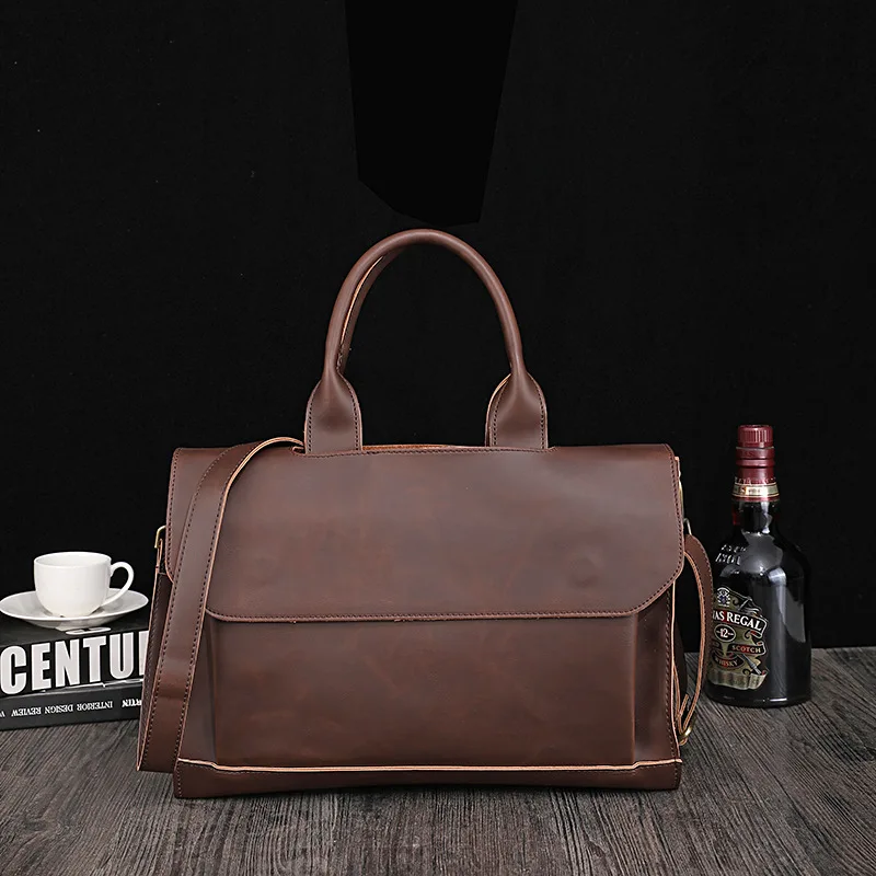 

New men's handbag compartment zipper waterproof office bag crazy horse leather shoulder crossbody business computer briefcase
