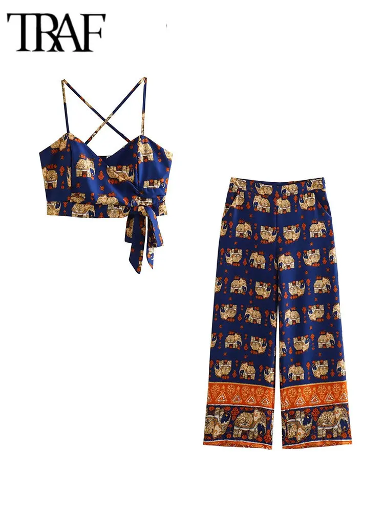 

Женский костюм из двух предметов Nlzgmsj TRAF, короткий топ с цветочным принтом + длинные брюки с цветочным принтом, летний женский комплект одежды 2023