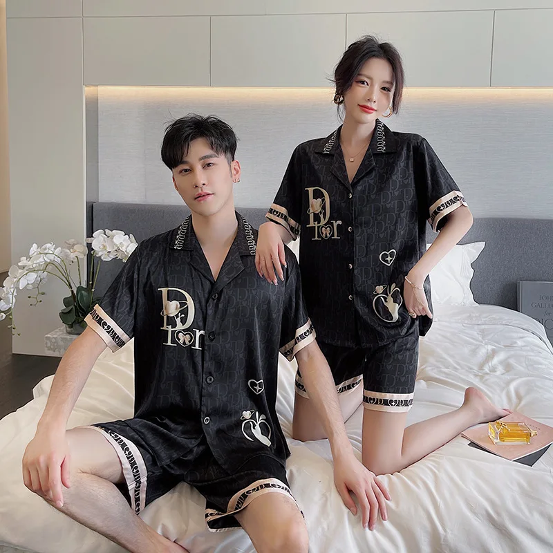Luxury Pajama Suit Couple Pajama Set Silk Satin Vintage Print Love Design Sleepwear Summer Men&Women 2 Piece Sets Slim Homewear
