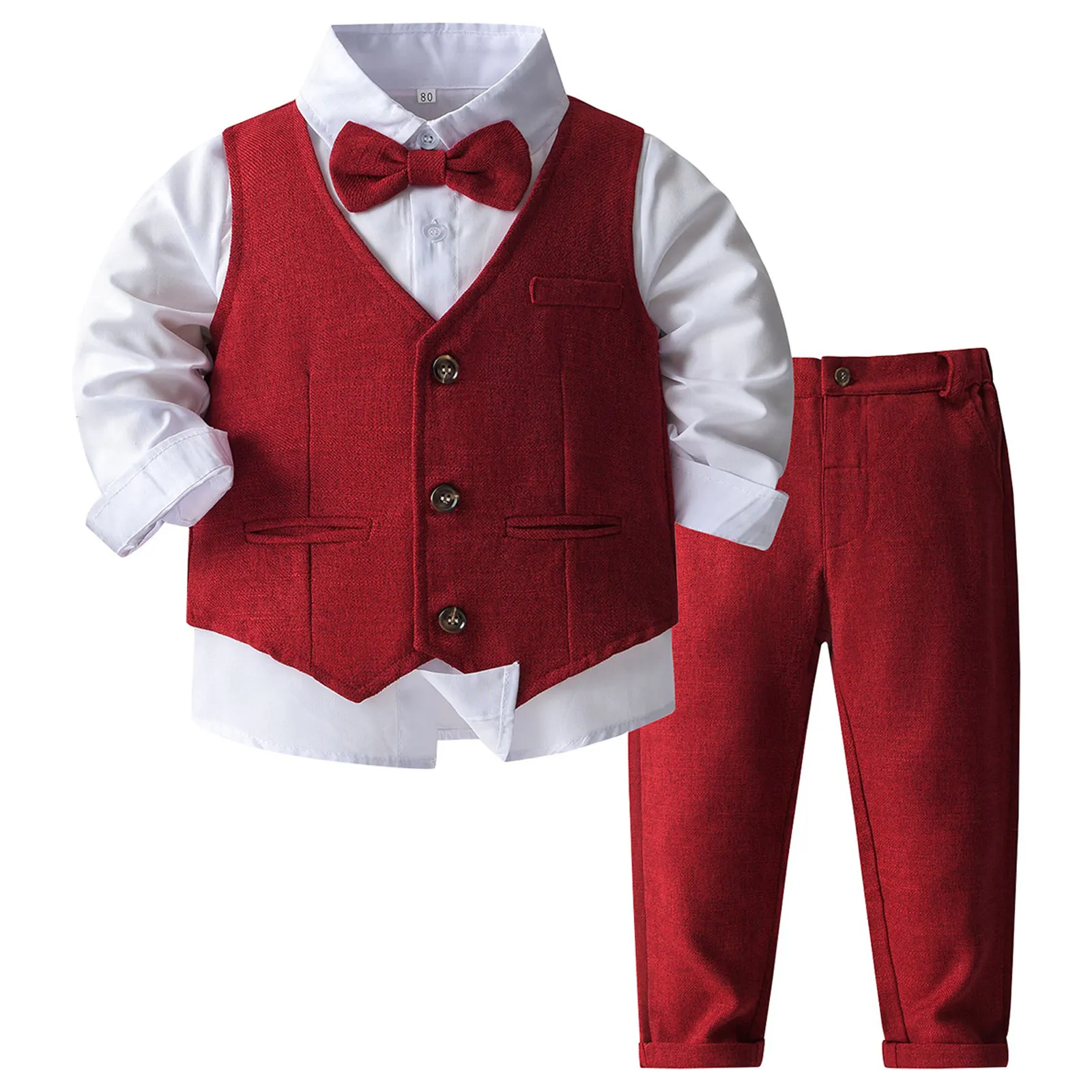 

4Pcs Baby Boy Cotton Suit Long Sleeve Shirt Bowtie Vest Pants Set Toddler Boys Gentleman Outfit Birthday Party Formal Clothes