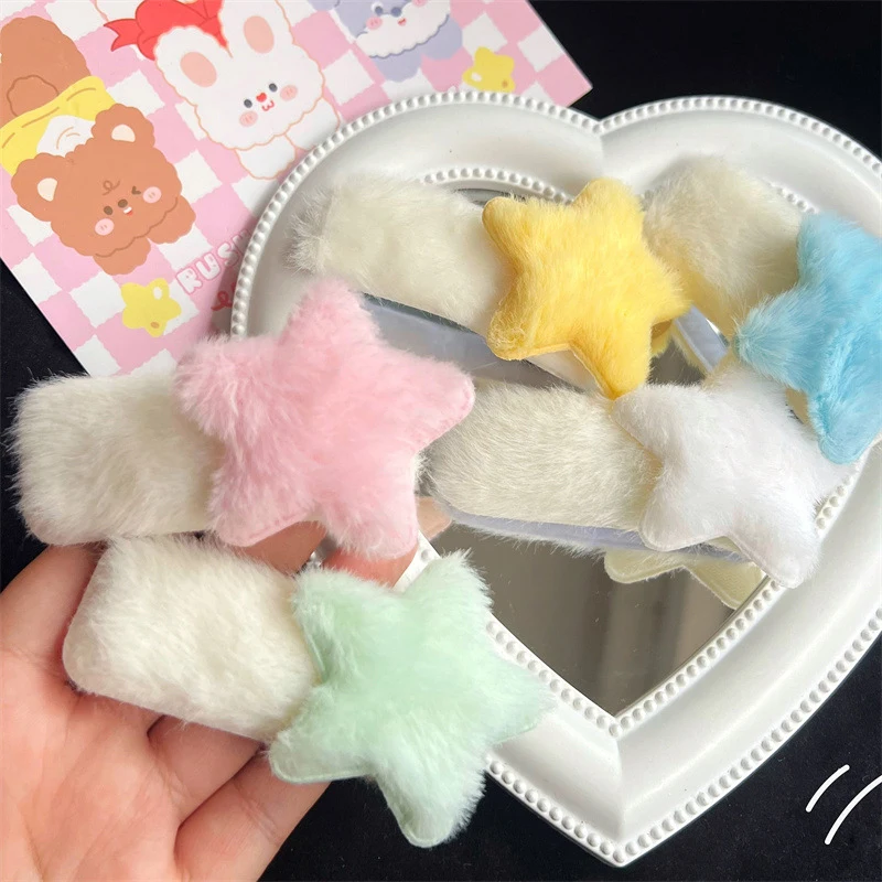 

Y2K Girls Candy Color Plush Star Harepin Симпатичные студенты Банк Клипс Клипсы головные уборы ежедневные ювелирные аксессуары для волос 8 см.