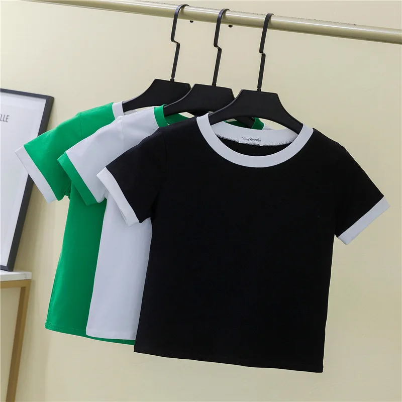 

2022 High Quality 2022 Cropped Women's T-Shirt Cotton Solid Color Tight Short Sleeve Leaky Navel Crew Neck Bottoming Shirt