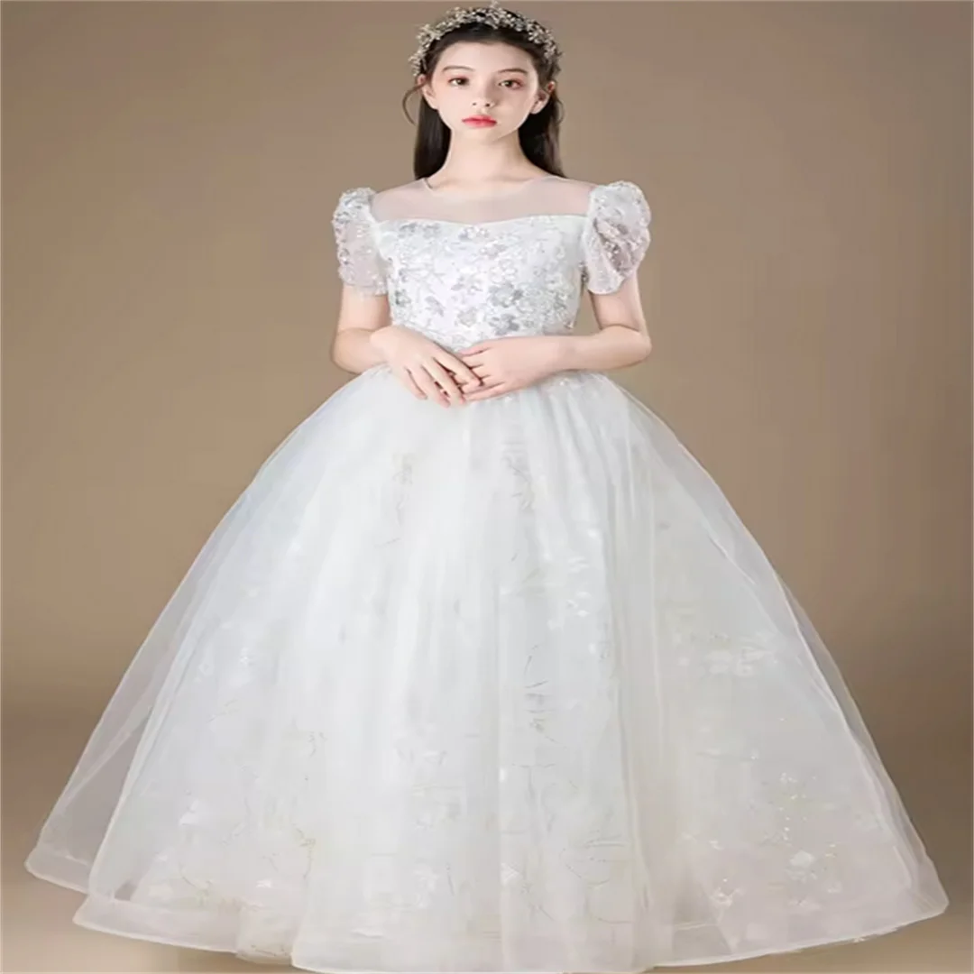 Великолепное элегантное платье с круглым вырезом и аппликацией для девочек