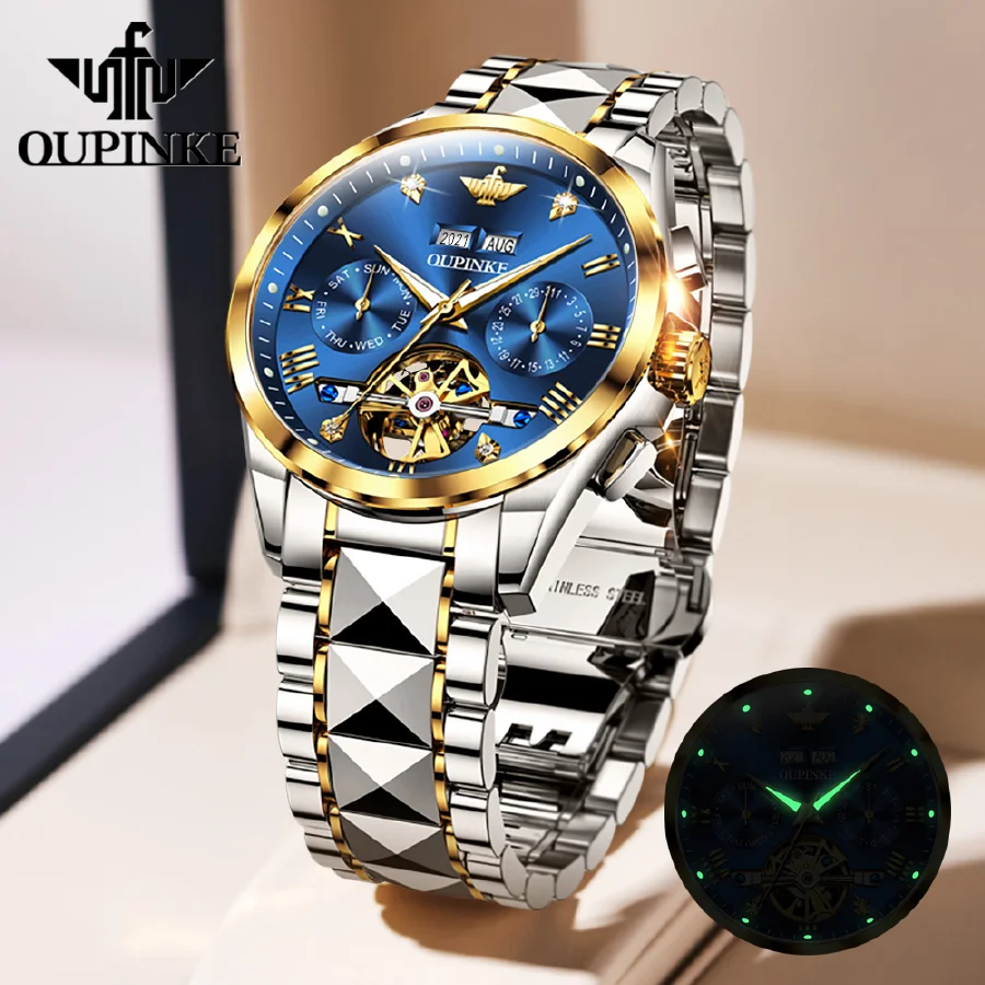 

OUPINKE Automatic Men's Luxury Watch Skeleton Mechanical Diamond Sapphire Crystal Tourbillon Waterproof Original Wristwatch Gift
