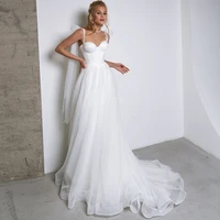 layout niceb elegant simple sleeveless tulle sweetheart neck a line wedding dress for bride 2022 straps bow train custom made