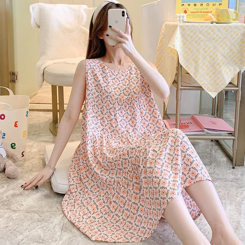 Summer Vest Nightdress Thin Cotton Silk Pajamas Maiden Outside Night Dress Women