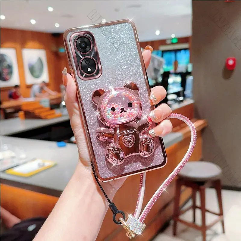 Чехол-держатель с блестящим медведем и бриллиантовым ремешком для Oppo A1 A1K A2 A5S A7X A8
