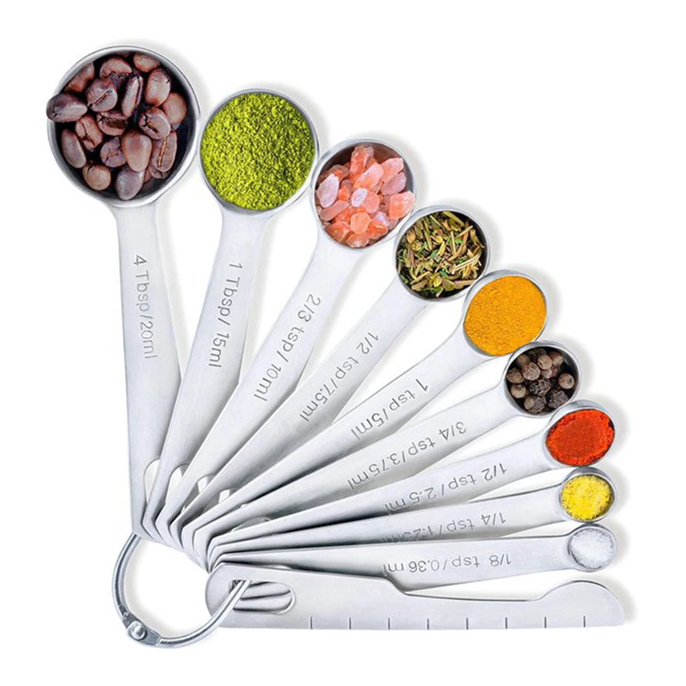 

10pcs Silver Measuring Cups Stackable Kitchen Measuring Spoon Set Stainless Steel Tablespoons Home Measuring Cups and Spoons Set