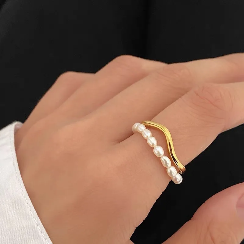 

2022 Korean Wave Design Double Baroque Freshwater Pearl Metal Ring Female KPOP Simple Temperament Fashion Ring INS Trend Jewelry