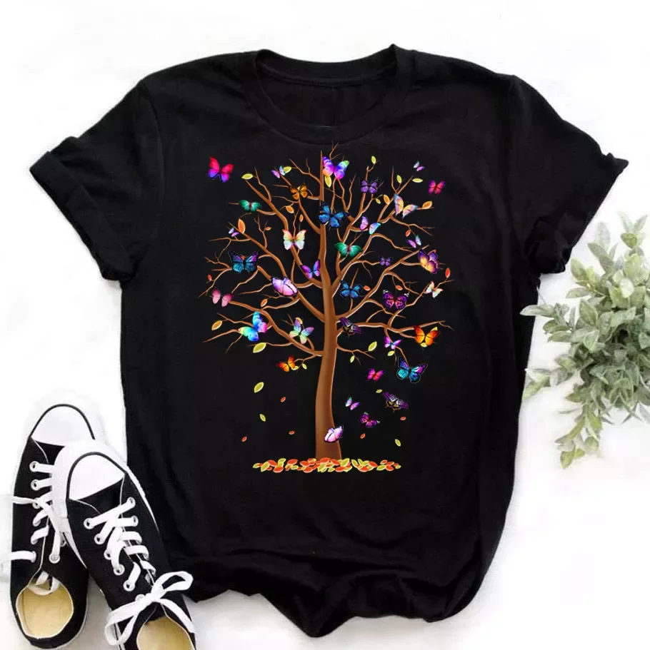 

Tree Print Harajuku Summer Tshirts Casual Round Neck Short Slee Top Tee Shirt Women Black T-shirt Drop Ship