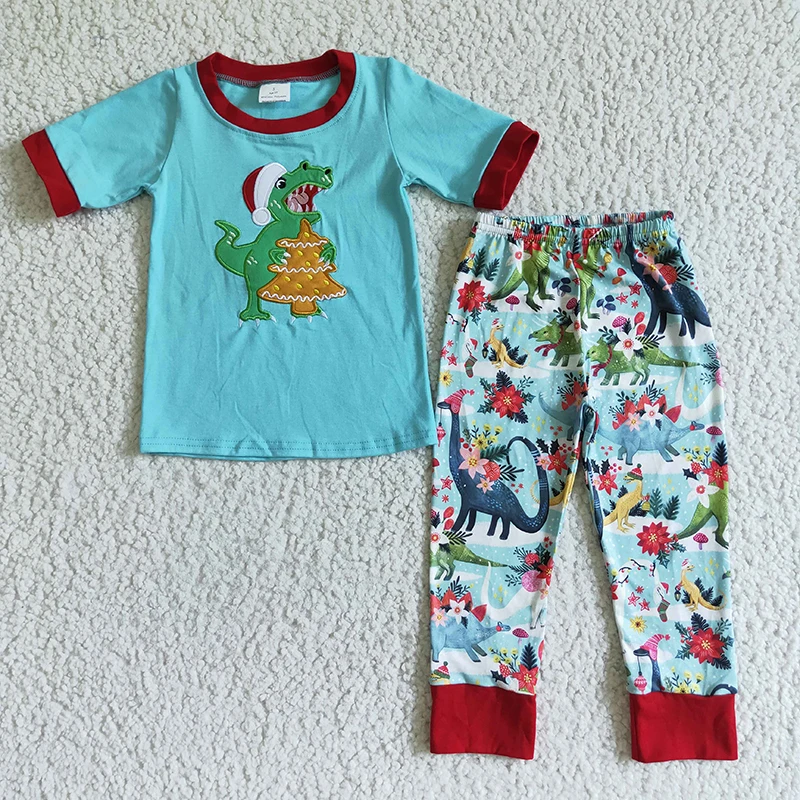 

Christmas baby boy clothes Dinosaur short sleeves shirt top flower long pants two piece set wholesale boutique kids clothing